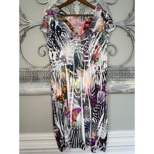 One World Butterfly Zebra Mixed Print V-Neck Dress XL Multicolor EUC